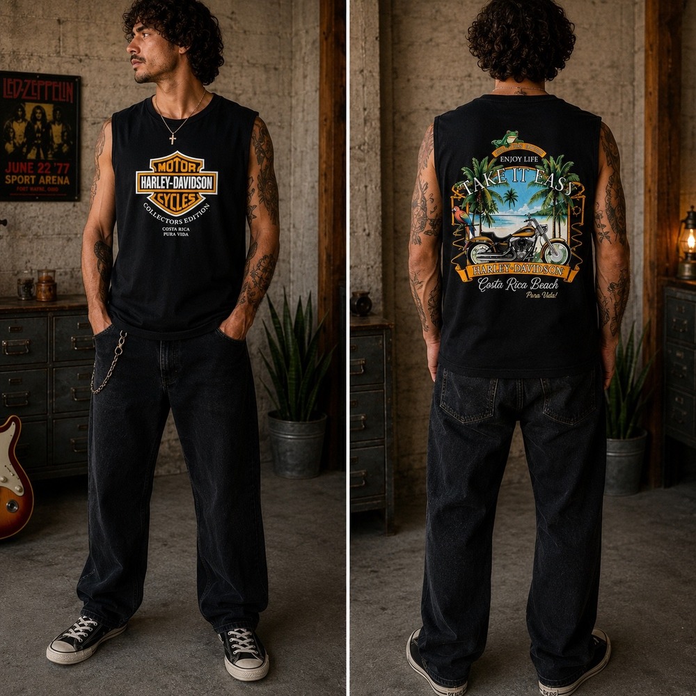 Harley-Davidson Costa Rica Beach Tank Top Mens Medium Black Pura Vida Dealer - Picture 5 of 8